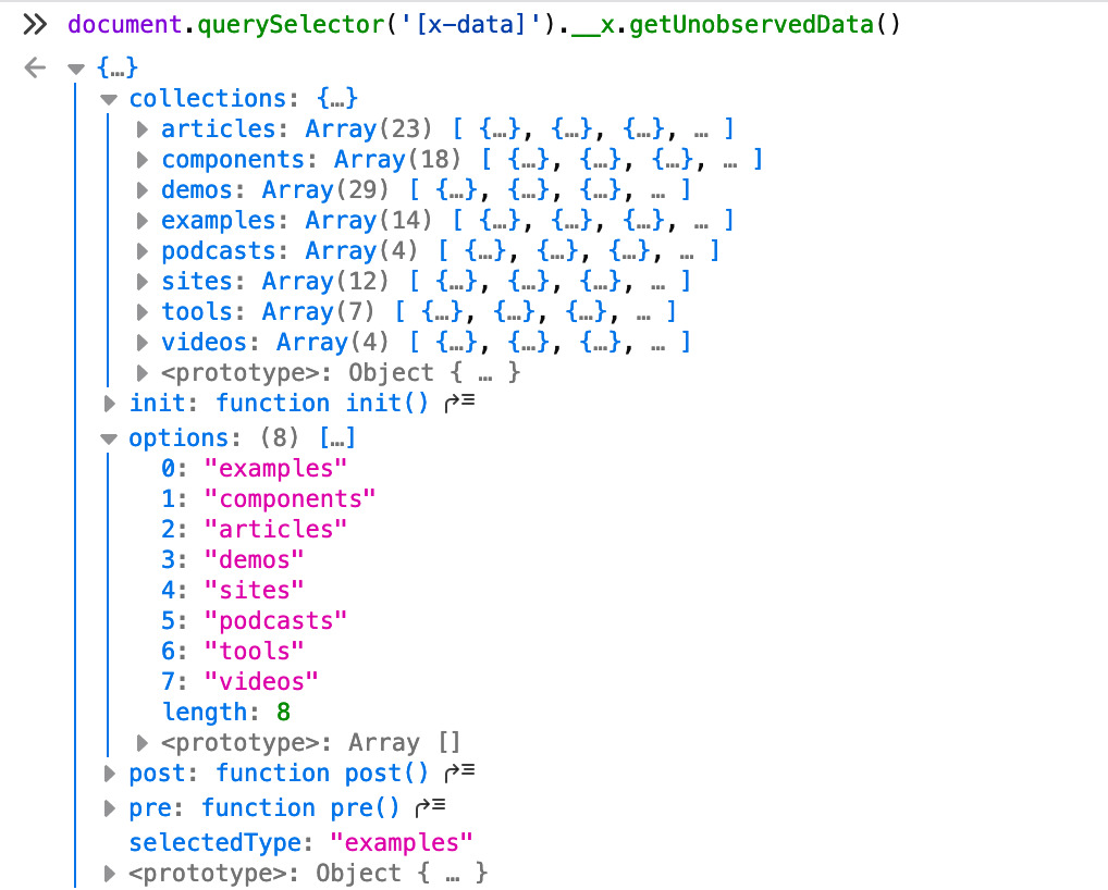 Output of document.querySelector('[x-data]').__x.getUnobservedData() for Alpine.js Playground in the console