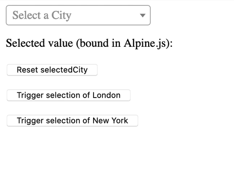 Changing the selectedCity in Alpine.js state updates the Select2 box selection