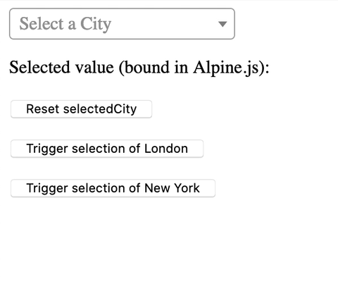Selecting a city in the Select2 box reflects in Alpine.js state