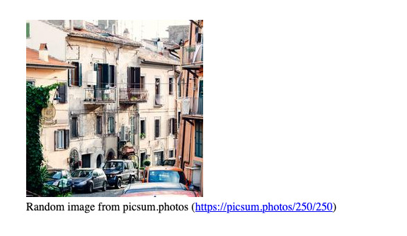Random image displaying with a caption and link to picsum.photos