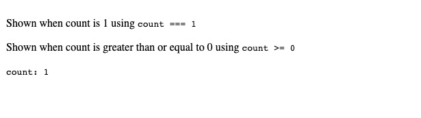 p with x-show for count equal to 1 shows as does the p with x-show for count greater than or equal to 0 but the p with x-show for count equal to 2 is hidden, count is printed out as 1
