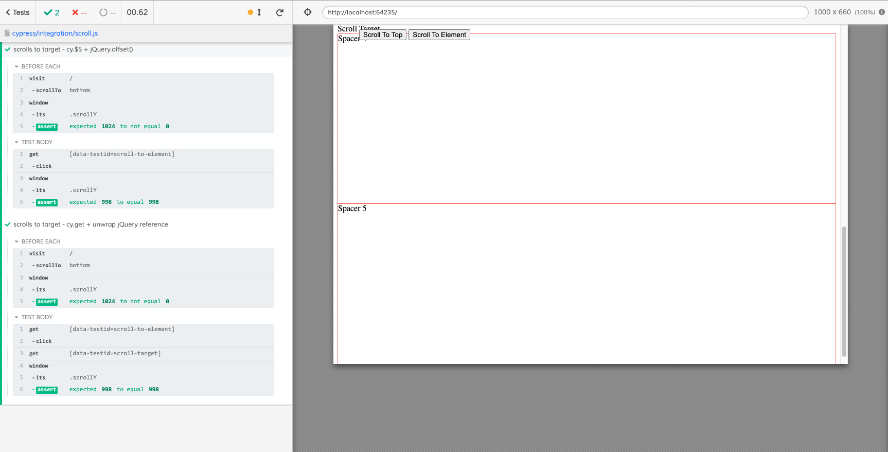 Cypress UI with “Scroll to Target” tests passing with both approaches to the scrollY assertion