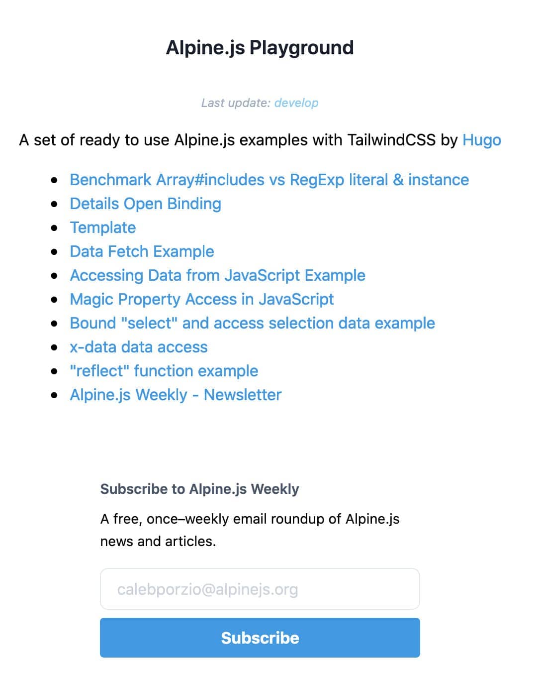 Alpine.js Playground homepage with commit information using Eleventy